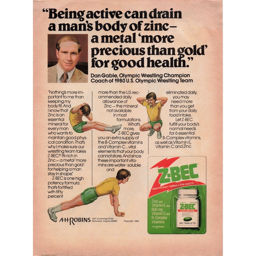 Vintage 1980 Z-BEC Vitamins Print Ad Dan Gable‎ Olympic Wrestling Champion